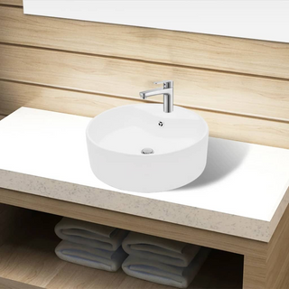 Ceramic Bathroom Sink Basin Faucet/Overflow Hole White Round - Giant Lobelia