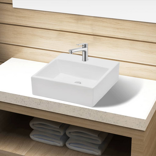 Ceramic Bathroom Sink Basin with Faucet Hole White Square - Giant Lobelia