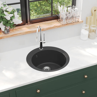 vidaXL Granite Kitchen Sink Single Basin Round Black - Giant Lobelia