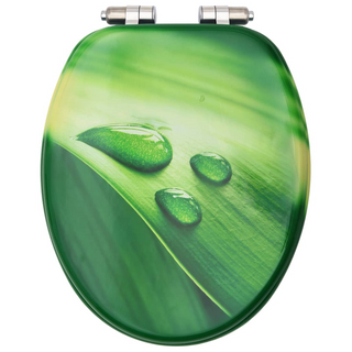 WC Toilet Seat with Soft Close Lid MDF Green Water Drop Design - Giant Lobelia