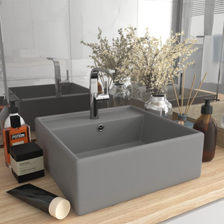 vidaXL Luxury Basin Overflow Square Matt Light Grey 41x41 cm Ceramic - Giant Lobelia