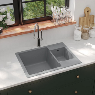 vidaXL Kitchen Sink with Overflow Hole Double Basins Grey Granite - Giant Lobelia