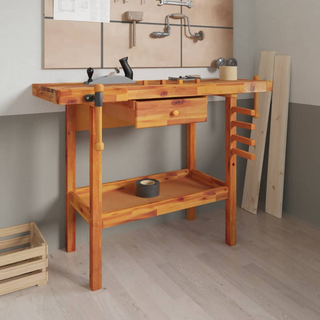 Workbench with Drawer and Vices 124x52x83 cm Solid Wood Acacia - Giant Lobelia