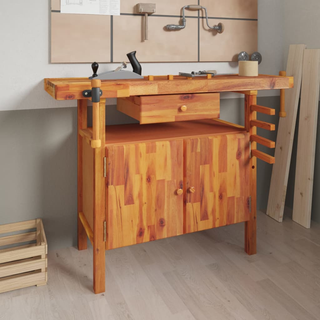 Workbench with Drawer and Vices 124x52x83 cm Solid Wood Acacia - Giant Lobelia