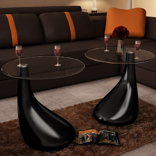 Coffee Table 2 pcs with Round Glass Top High Gloss Black - Giant Lobelia