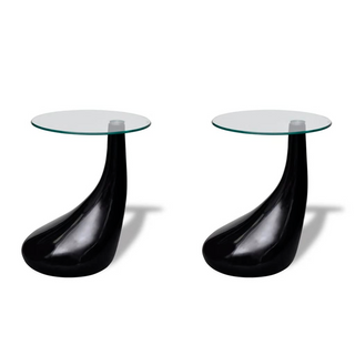 Coffee Table 2 pcs with Round Glass Top High Gloss Black - Giant Lobelia