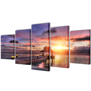 Canvas Wall Print Set Beach with Pavilion 200 x 100 cm - Giant Lobelia