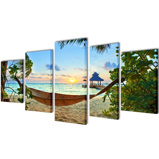 Canvas Wall Print Set Sand Beach with Hammock 200 x 100 cm - Giant Lobelia