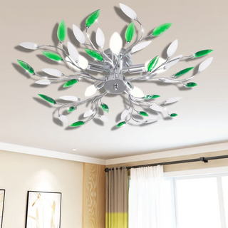 Green&White Ceiling Lamp with Acrylic Crystal Leaf Arms for 5 E14Bulbs - Giant Lobelia