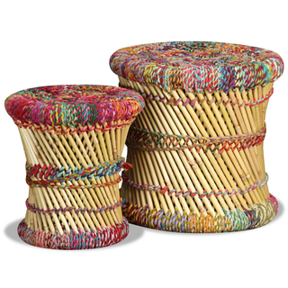 Stools with Chindi Details 2 pcs Multicolour Bamboo - Giant Lobelia