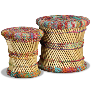 Stools with Chindi Details 2 pcs Multicolour Bamboo - Giant Lobelia