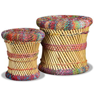 Stools with Chindi Details 2 pcs Multicolour Bamboo - Giant Lobelia