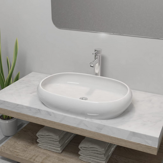 Bathroom Basin with Mixer Tap Ceramic Oval White - Giant Lobelia