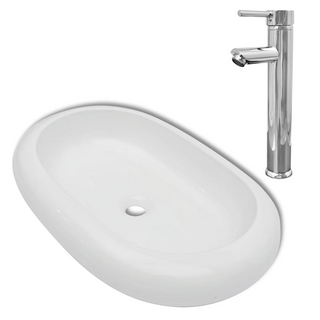 Bathroom Basin with Mixer Tap Ceramic Oval White - Giant Lobelia