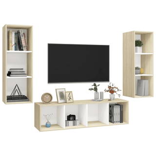 vidaXL 3 Piece TV Cabinet Set White and Sonoma Oak Engineered Wood - GIANT LOBELIA