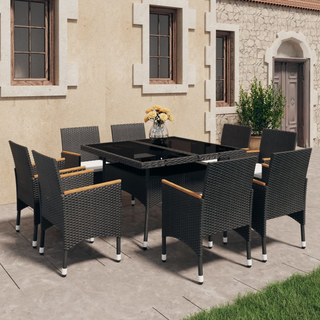 9 Piece Garden Dining Set Poly Rattan and Tempered Glass Black - Giant Lobelia