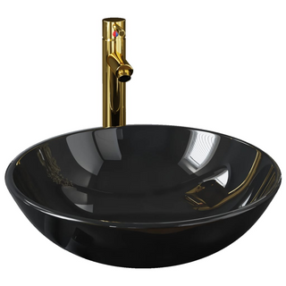 Bathroom Sink with Tap and Push Drain Black Tempered Glass - Giant Lobelia