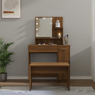 vidaXL Dressing Table Set with LED Brown Oak Engineered Wood - Giant Lobelia