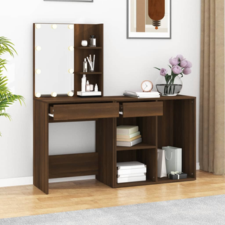 vidaXL LED Dressing Table with Cabinet Brown Oak Engineered Wood - Giant Lobelia