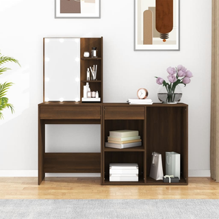 vidaXL LED Dressing Table with Cabinet Brown Oak Engineered Wood - Giant Lobelia