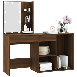 vidaXL LED Dressing Table with Cabinet Brown Oak Engineered Wood - Giant Lobelia