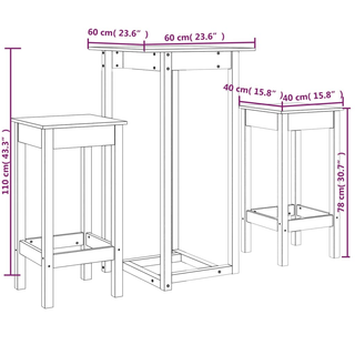 3 Piece Bar Set Black Solid Wood Pine - Giant Lobelia