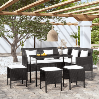 5 Piece L-shaped Couch Sofa Set with Cushions Poly Rattan Black - Giant Lobelia