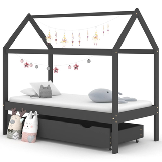 Kids Bed Frame with a Drawer Dark Grey Solid Pine Wood 80x160cm - Giant Lobelia