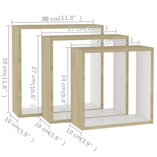 Wall Cube Shelves 3 pcs White and Sonoma Oak - Giant Lobelia