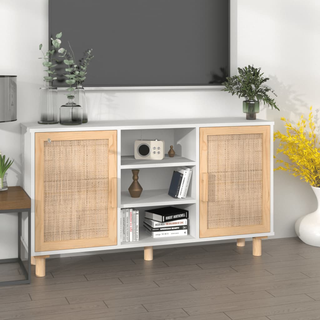 Sideboard White 105x30x60 cm Solid Wood Pine and Natural Rattan - Giant Lobelia