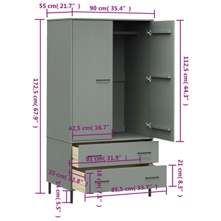 Wardrobe with Metal Legs Grey 90x55x172.5 cm Solid Wood OSLO - Giant Lobelia