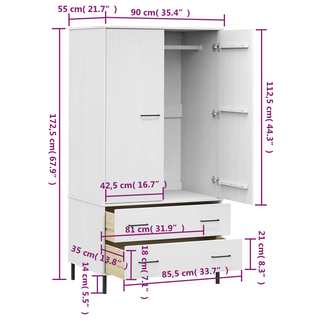 vidaXL Wardrobe with Metal Legs White 90x55x172.5 cm Solid Wood OSLO - Giant Lobelia