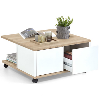 FMD Mobile Coffee Table 70x70x36 cm Oak and Glossy White - Giant Lobelia