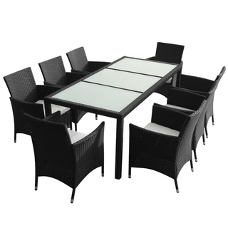 9 Piece Outdoor Dining Set with Cushions Poly Rattan Black - Giant Lobelia