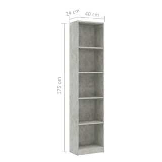 5-Tier Book Cabinet Concrete Grey 40x24x175 cm Engineered Wood - Giant Lobelia