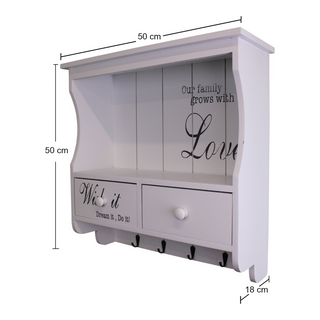 Wall Unit in White with Hooks, Drawers & Shelf - Giant Lobelia