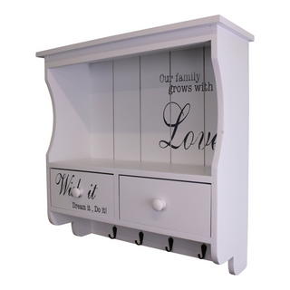 Wall Unit in White with Hooks, Drawers & Shelf - Giant Lobelia