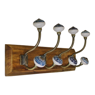 4 Double Ceramic Peacock Design Coat Hooks On Wooden Base - Giant Lobelia