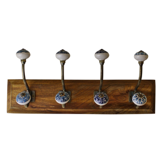 4 Double Ceramic Peacock Design Coat Hooks On Wooden Base - Giant Lobelia