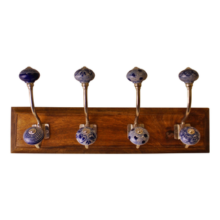 4 Double Ceramic Blue & White Coat Hooks On Wooden Base - Giant Lobelia