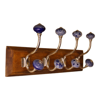 4 Double Ceramic Blue & White Coat Hooks On Wooden Base - Giant Lobelia