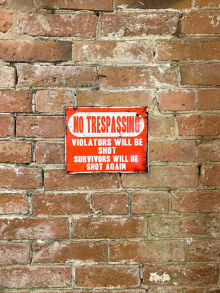 Metal Advertising Wall Sign - No Trespassing, Violators Will Be Shot, Survivors Will Be Shot Again - Giant Lobelia