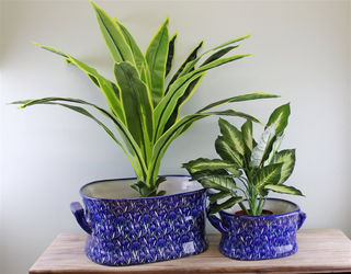 Set of 2 Ceramic Footbath Planters, Vintage Blue & Green Crocus Design - Giant Lobelia