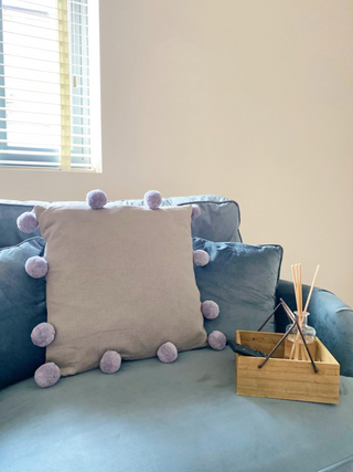 Grey Square Pompom Cushion - Giant Lobelia