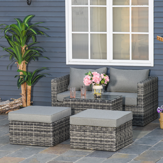 5 Pcs Rattan Garden Furniture Set w/ Tall Glass-Top Table Aluminium Frame Plastic Wicker Thick Soft Cushions Comfortable Outdoor Balcony Home Sofa - Mixed Grey - Giant Lobelia