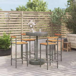 5 Piece Garden Bar Set Grey Poly Rattan & Solid Wood Acacia - Weather-resistant Patio Furniture - Giant Lobelia