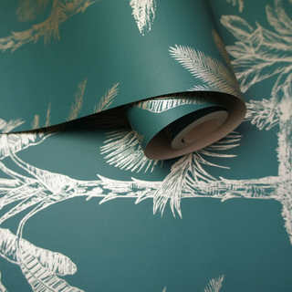 DUTCH WALLCOVERINGS Wallpaper Tropical Trees Teal and Silver - Giant Lobelia