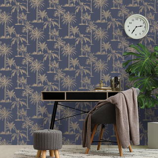 DUTCH WALLCOVERINGS Wallpaper Tropical Trees Navy Blue and Silver - Giant Lobelia