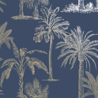 DUTCH WALLCOVERINGS Wallpaper Tropical Trees Navy Blue and Silver - Giant Lobelia