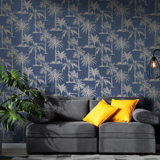 DUTCH WALLCOVERINGS Wallpaper Tropical Trees Navy Blue and Silver - Giant Lobelia